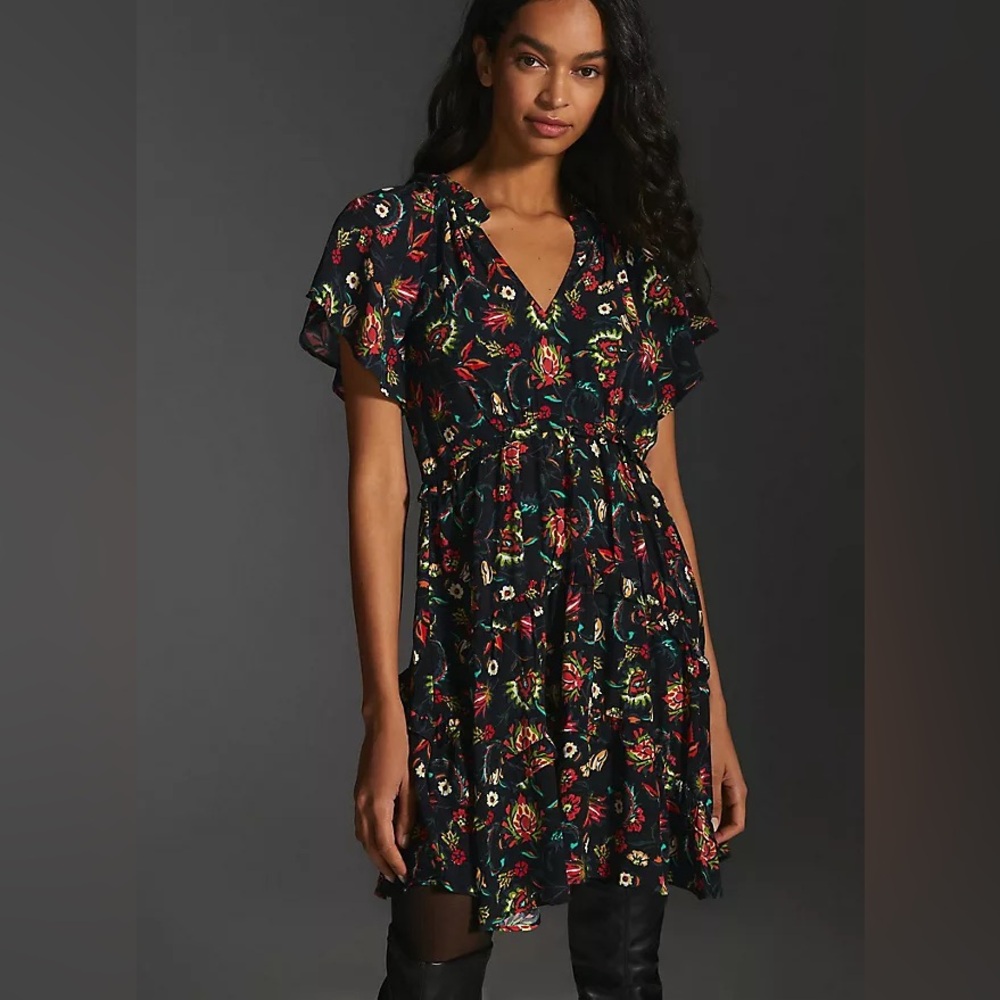 Anthropologie Robin Tiered Mini Dress Medium Floral Boho